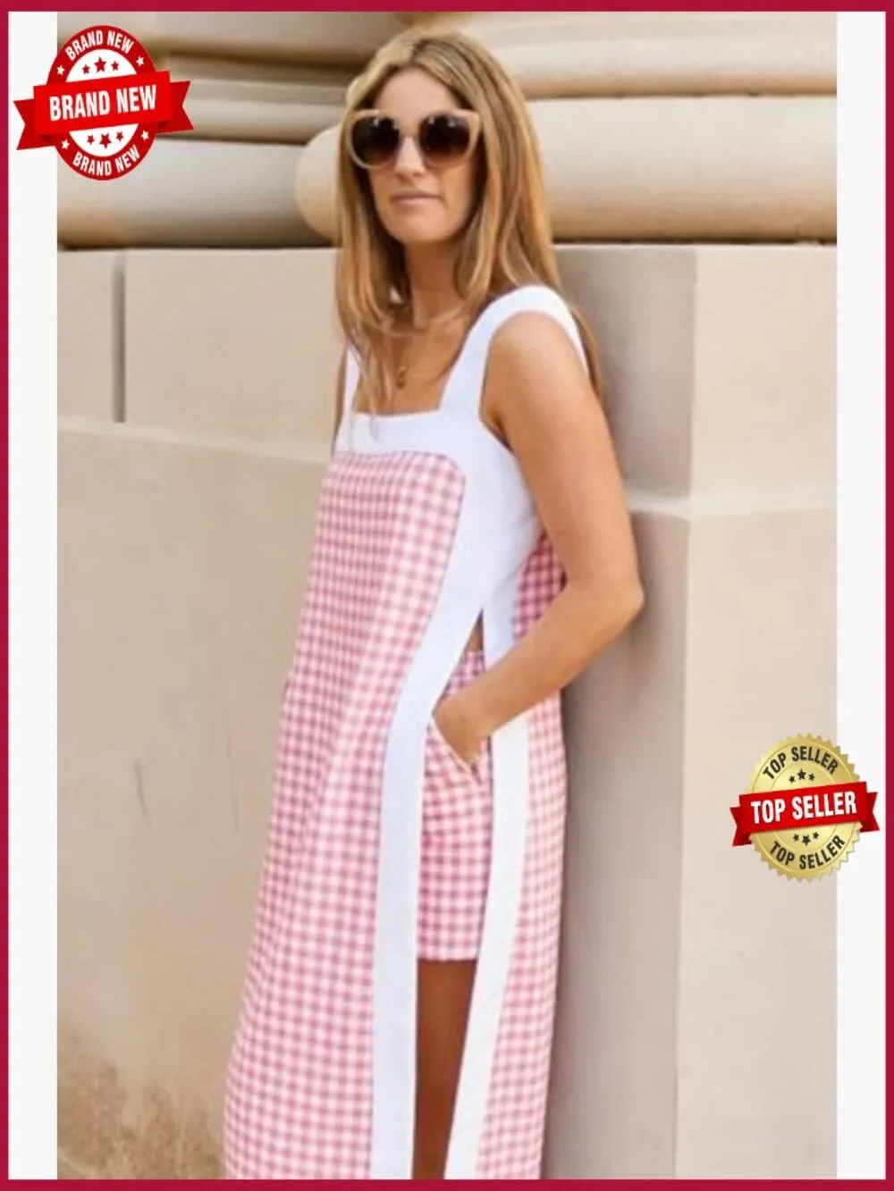 Women's 2 Piece Sets Sleeveless Plaid Maxi Dress with Matching Shorts
